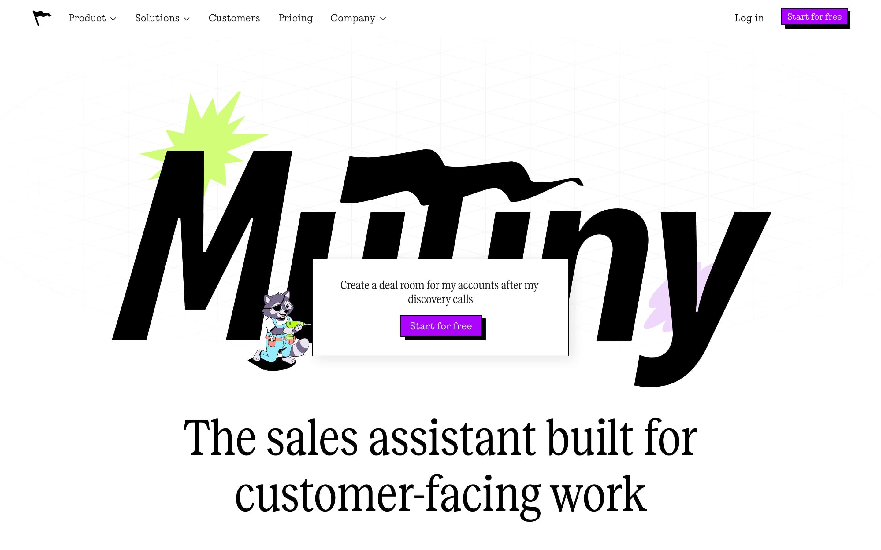 Mutiny homepage hero on desktop: a giant Mutiny wordmark, a raccoon mascot, a prompt card reading 'Create a deal room for my accounts after my discovery calls', a Start for free button, and the headline 'The sales assistant built for customer-facing work'