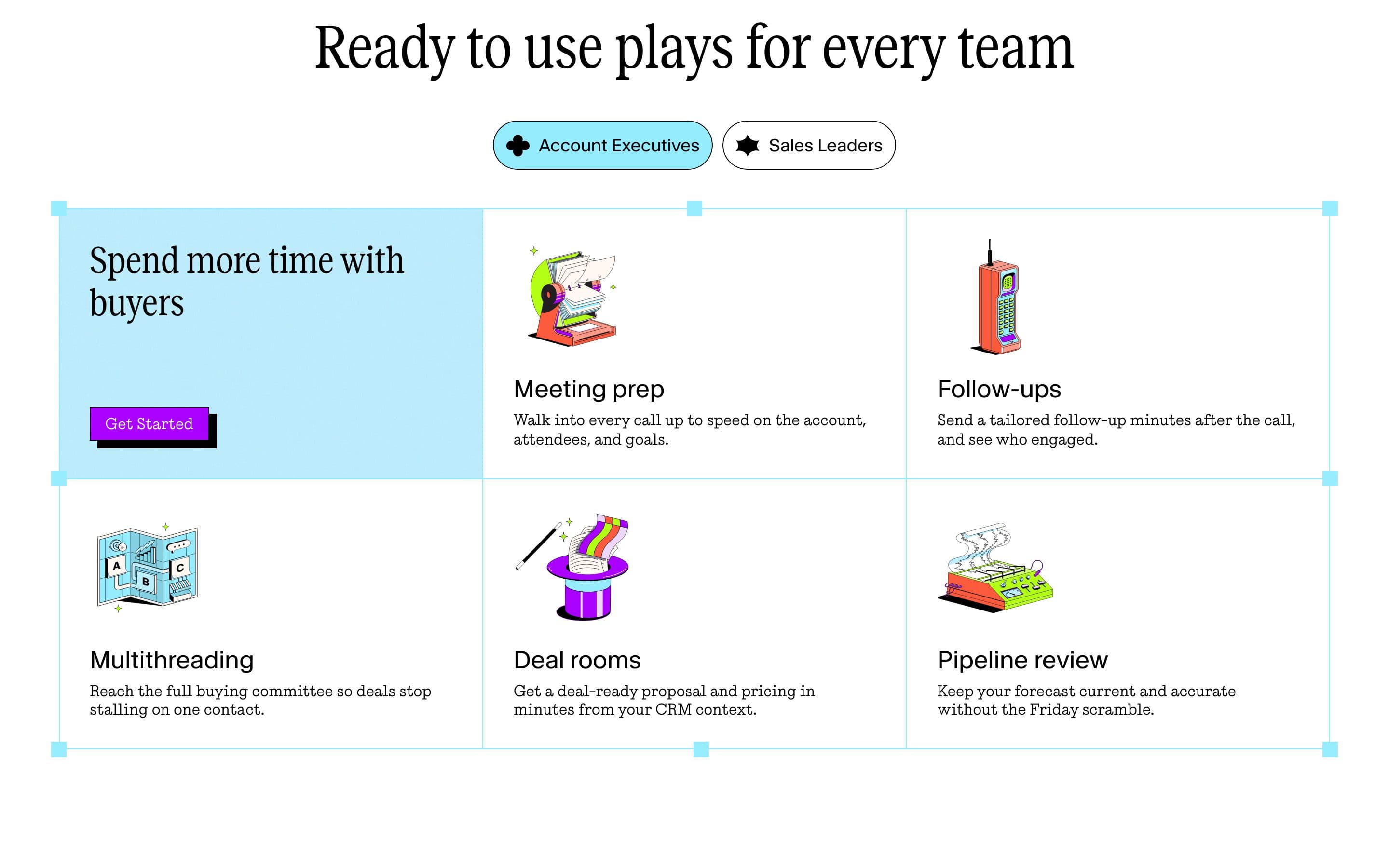 Mutiny's 'Ready to use plays for every team' section with tabs for Account Executives and Sales Leaders and six play cards: Meeting prep, Follow-ups, Multithreading, Deal rooms, Pipeline review
