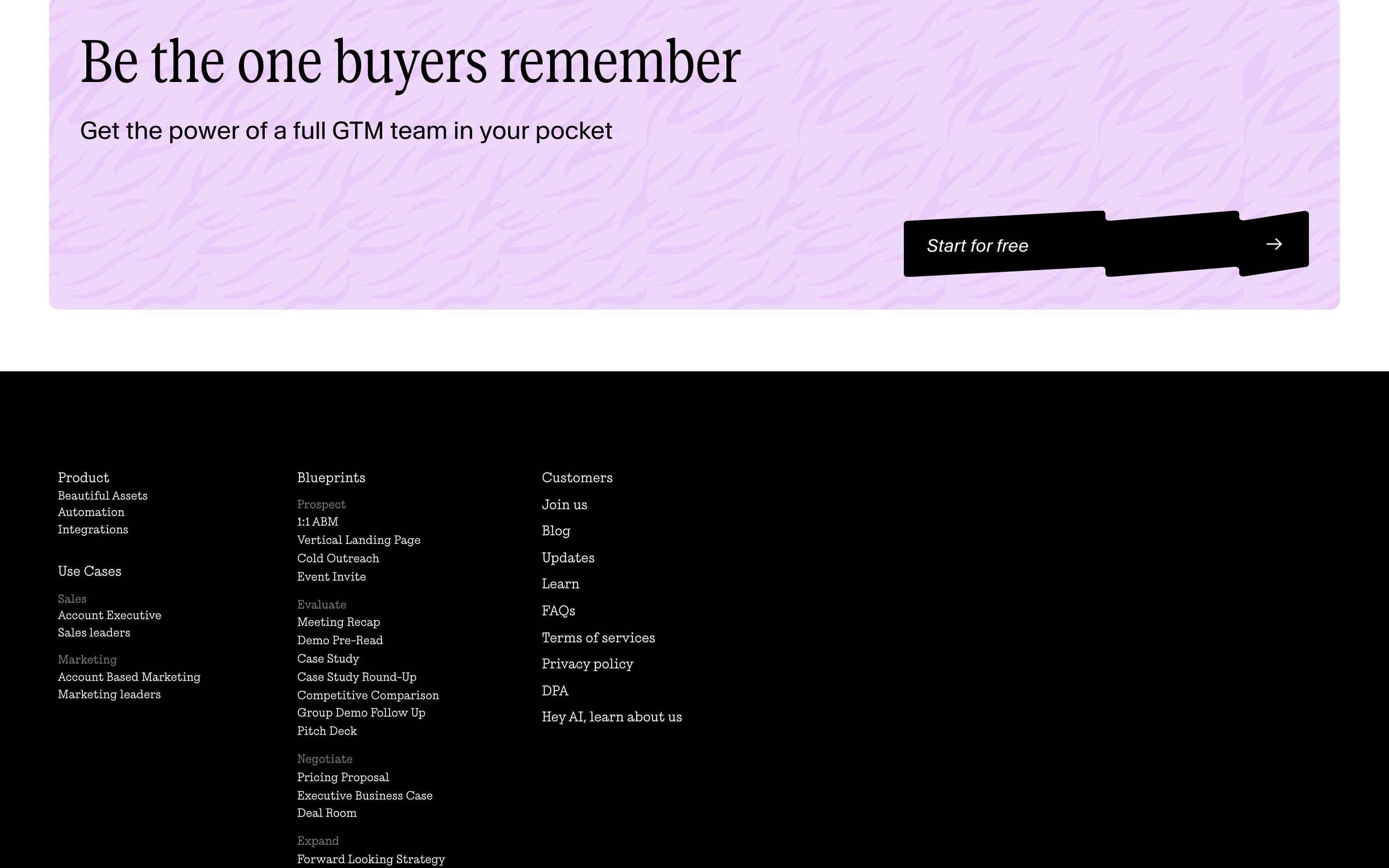 Mutiny's closing banner: 'Be the one buyers remember. Get the power of a full GTM team in your pocket.' with a Start for free button, above a black footer listing product, blueprint and company links