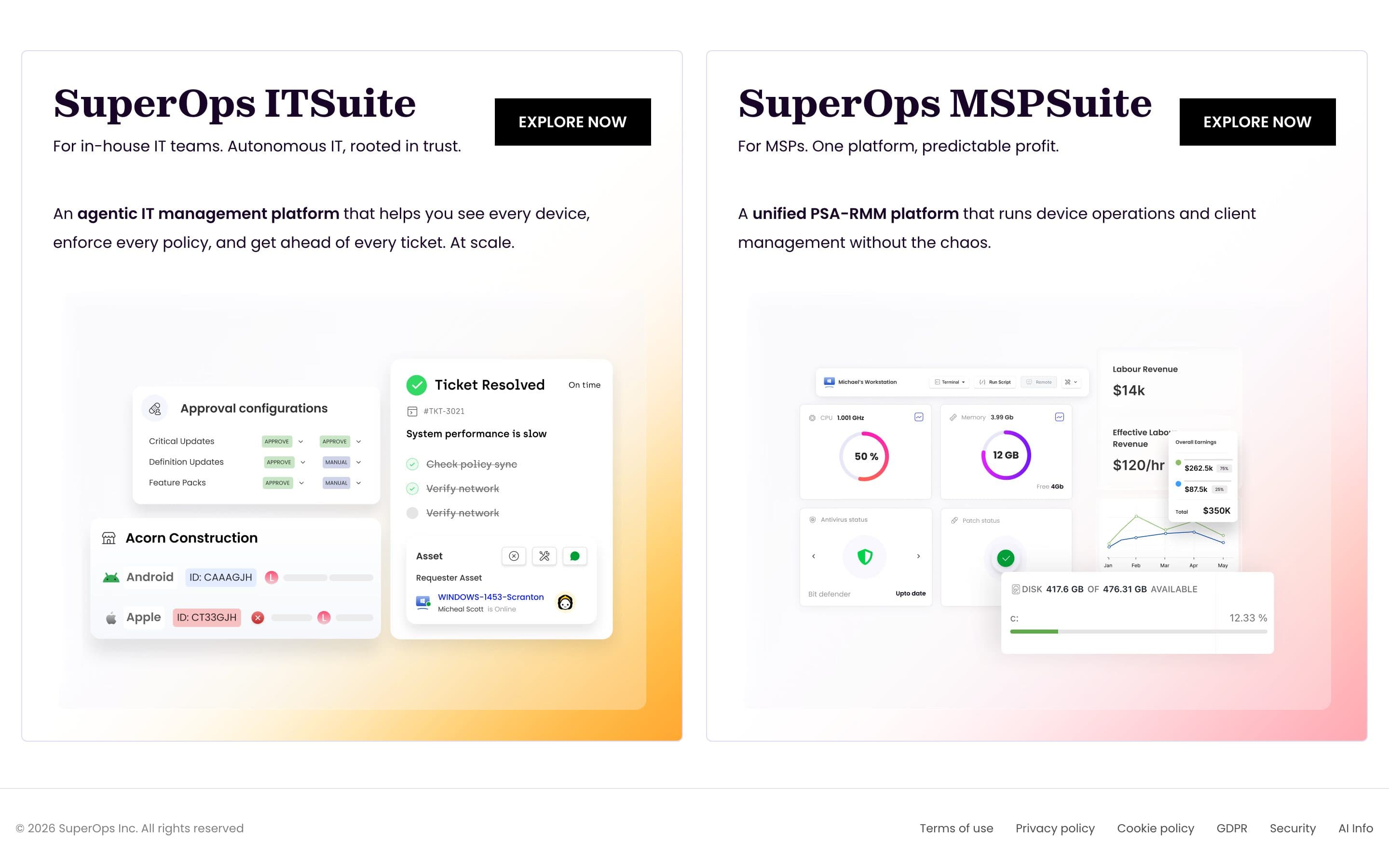 SuperOps' two product cards side by side: ITSuite for in-house IT teams with an approval-configuration and ticket-resolved screenshot, and MSPSuite for MSPs with a device-monitoring and labour-revenue screenshot, each with an Explore now button, above the footer