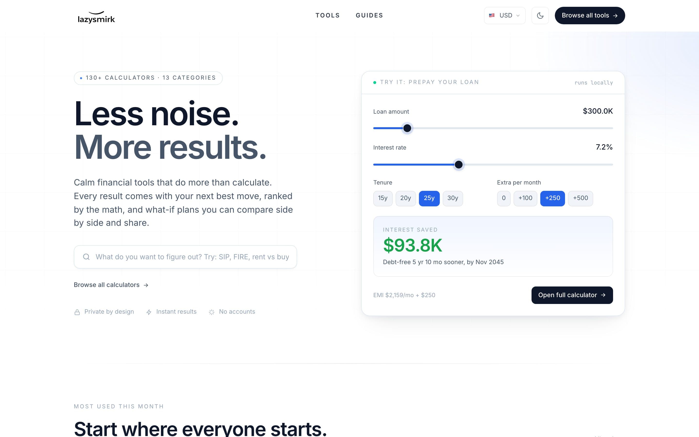LazySmirk homepage: calm financial tools with a live prepayment calculator