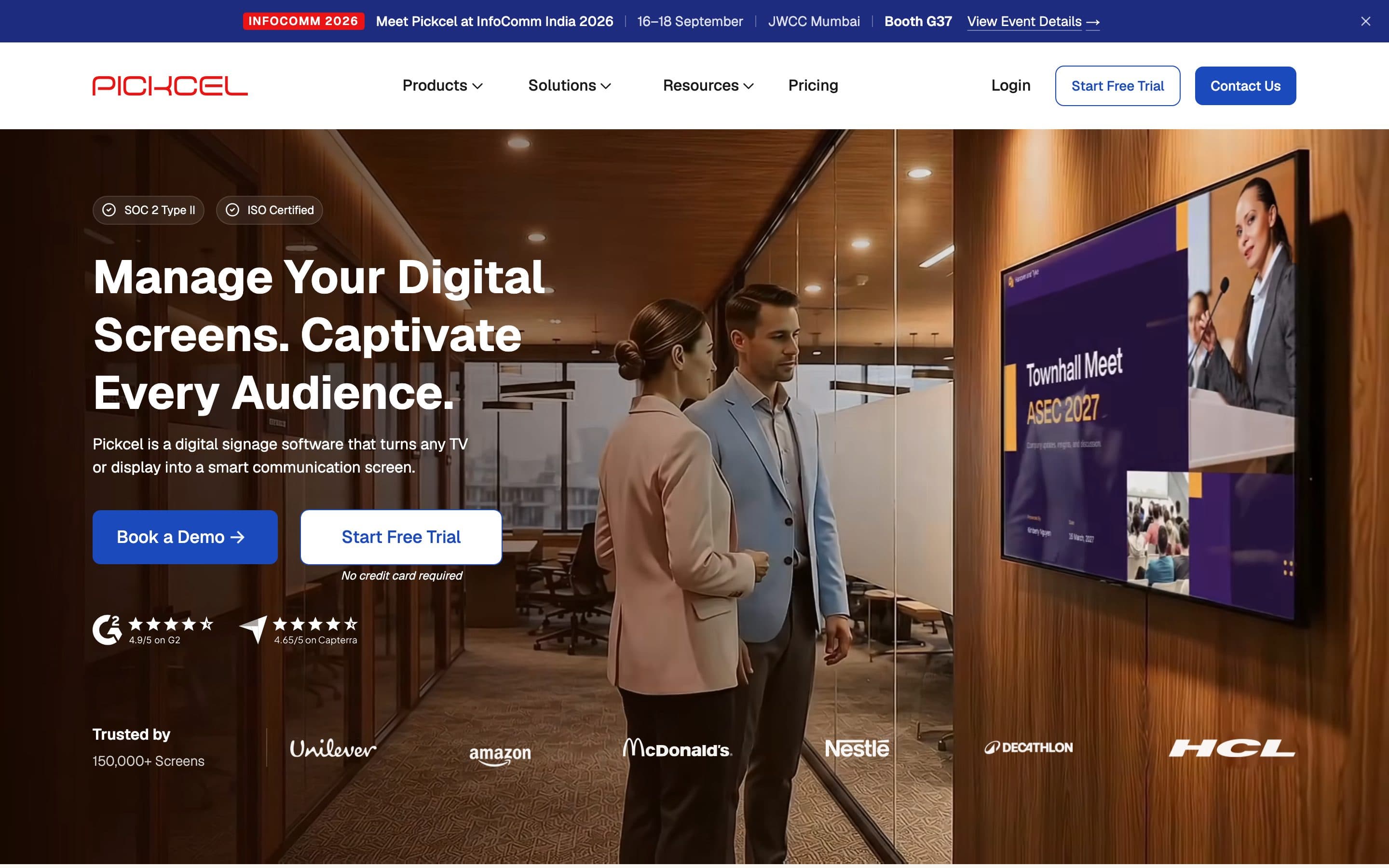 Pickcel homepage: the platform positioned for in-store experience, with enterprise proof up front