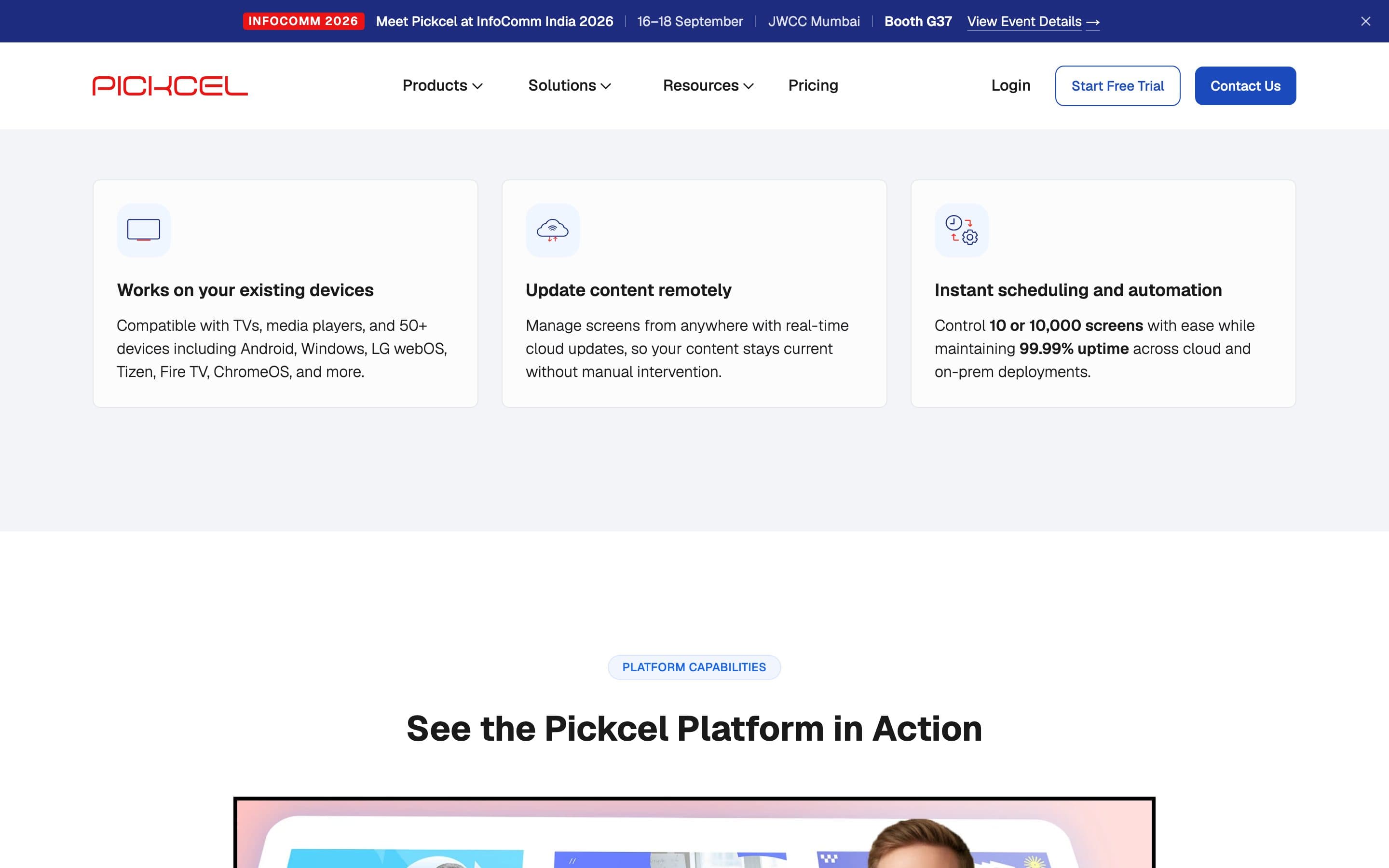 Pickcel platform capabilities section, built so evaluation happens before the sales call