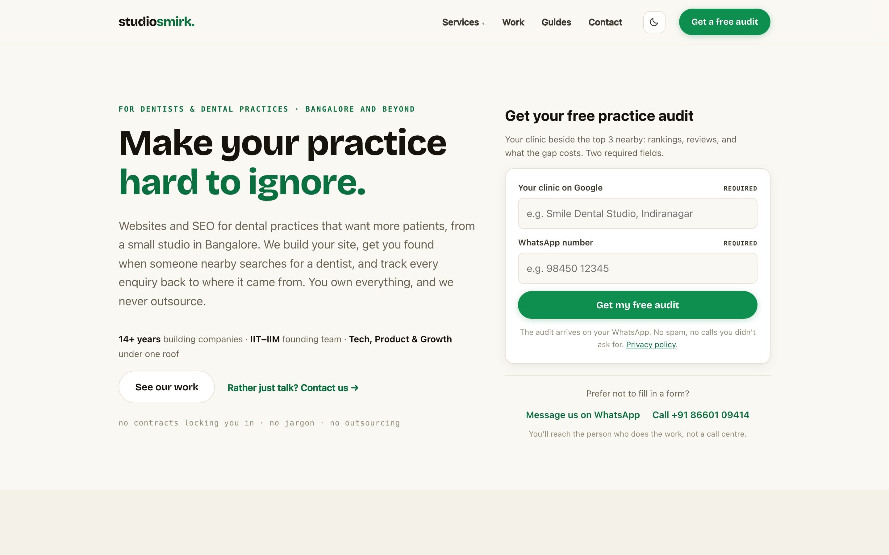Studio Smirk homepage: websites and SEO for dentists, with a free practice audit form